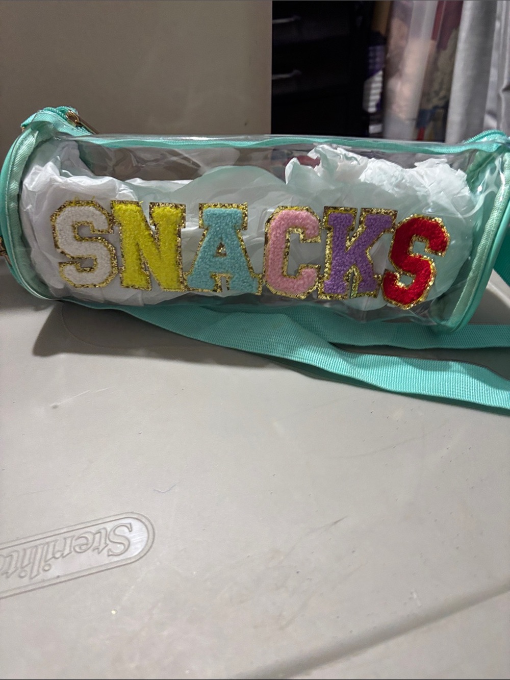 Kids Clear Mint Snack cross body Bag with Colorful 'SNACKS' Patch